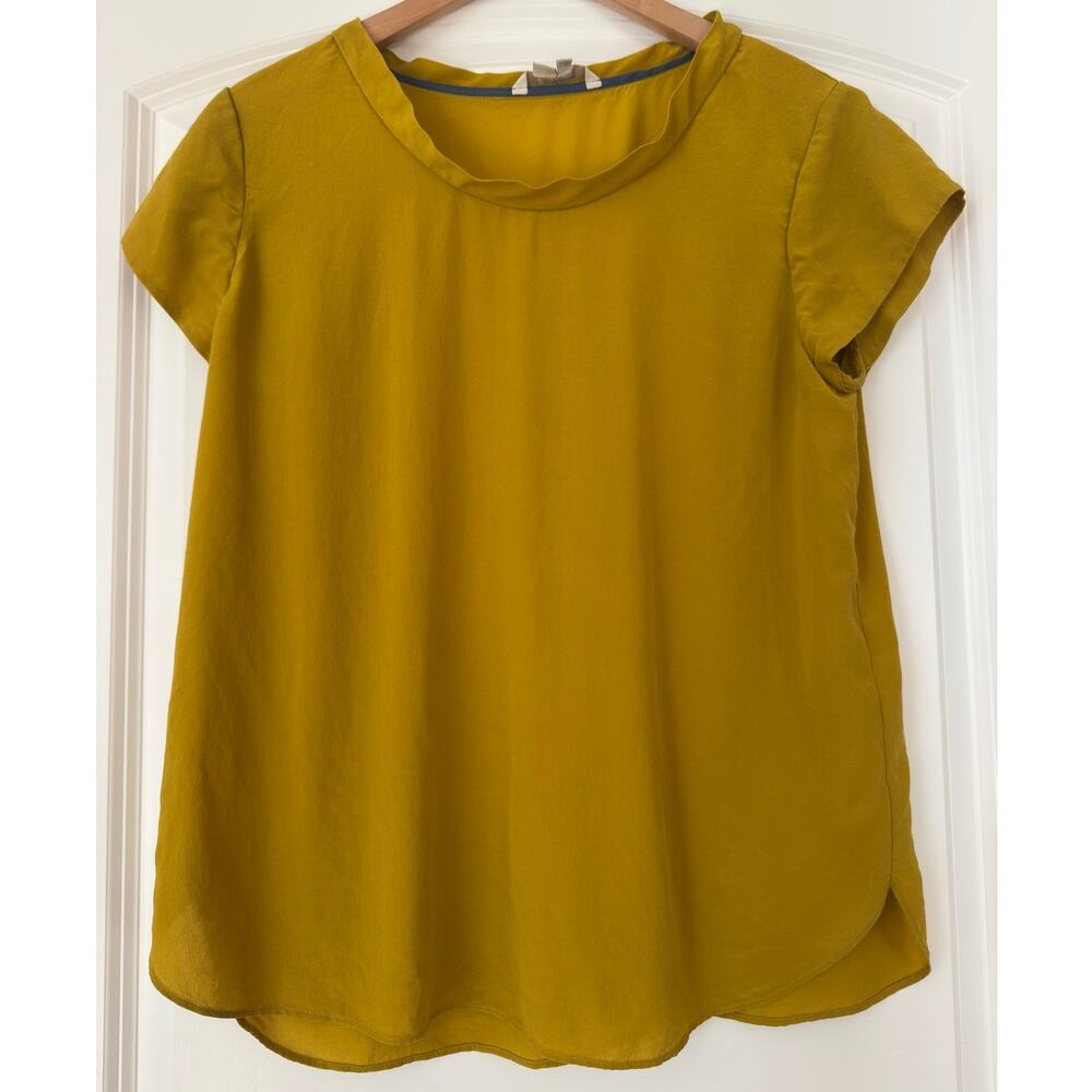 Boden Golden Mustard Yellow 100% Silk Short Sleeve Blouse Top Women's Size 10